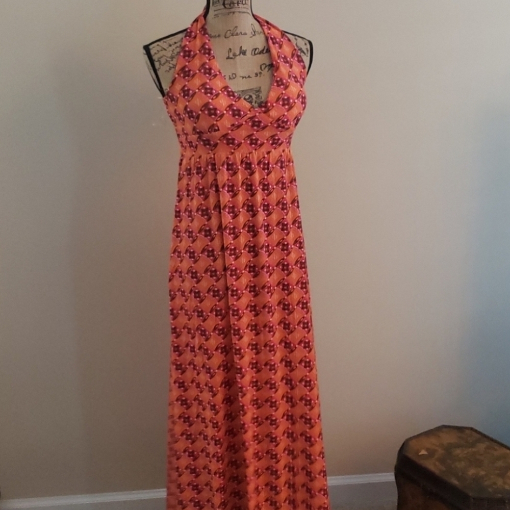 Vibrant Orange Patterned Halter Maxi Dress